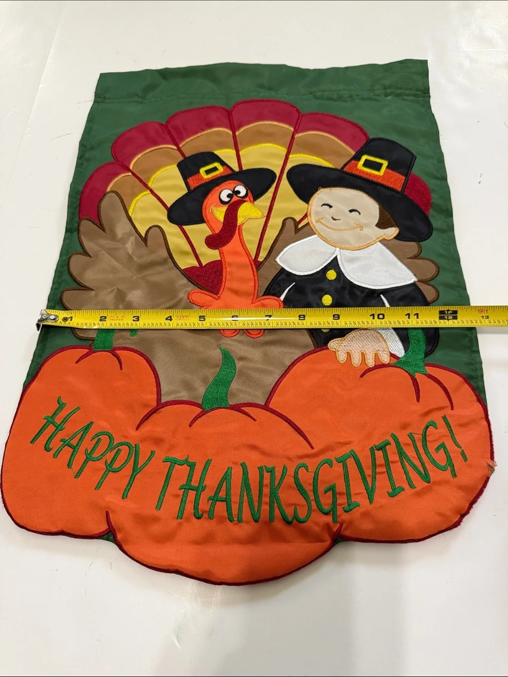 Happy Thanksgiving Garden Flag - Green Background with Orange Pumpkins
